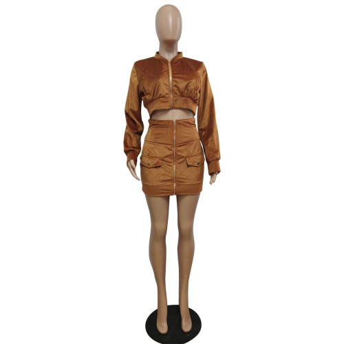 Velvet Khaki Zipper Short Jacket and Mini Skirt Set