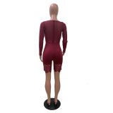 Sexy Burgundy Lace Splice Long Sleeve Rompers