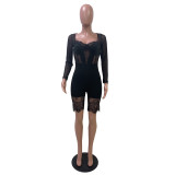 Sexy Black Lace Splice Long Sleeve Rompers