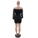 Black Mesh Off Shoulder Lantern Sleeve Ruched Mini Dress