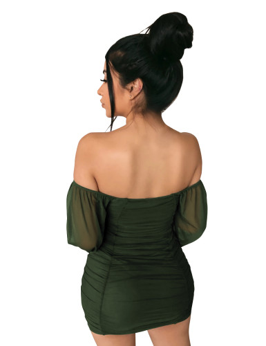 Green Mesh Off Shoulder Lantern Sleeve Ruched Mini Dress