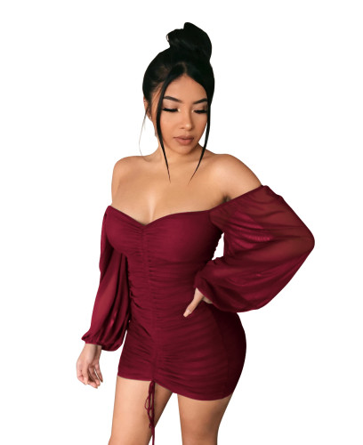 Off Shoulder Burgundy Mesh Lantern Sleeve Ruched Mini Dress