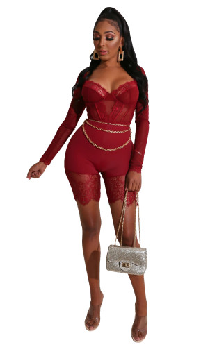 Sexy Burgundy Lace Splice Long Sleeve Rompers