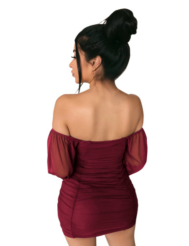 Off Shoulder Burgundy Mesh Lantern Sleeve Ruched Mini Dress