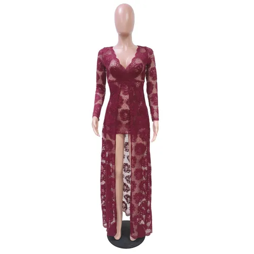 Floral Lace Burgundy V Neck Mini Dress with Long Overlay