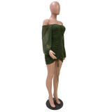 Green Mesh Off Shoulder Lantern Sleeve Ruched Mini Dress