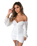 Off Shoulder White Mesh Lantern Sleeve Ruched Mini Dress