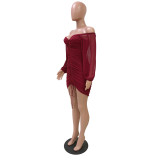 Off Shoulder Burgundy Mesh Lantern Sleeve Ruched Mini Dress