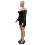 Black Mesh Off Shoulder Lantern Sleeve Ruched Mini Dress