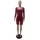 Sexy Burgundy Lace Splice Long Sleeve Rompers