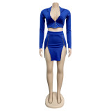 Blue Short Blazer & Zipper Skirt Set