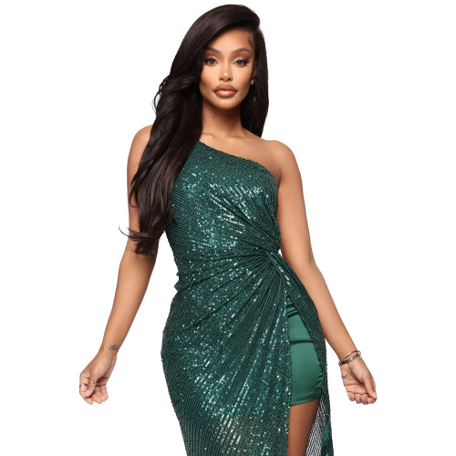 Green Sequin One Shoulder Irregular Slit Dress
