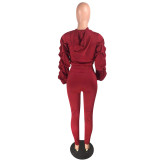 Burgundy Lantern Sleeve Zip Up Hoodie & Pants Sweatsuit