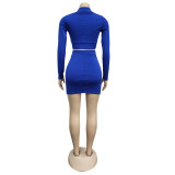 Blue Short Blazer & Zipper Skirt Set