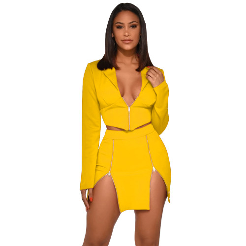 Yellow Short Blazer & Zipper Skirt Set