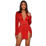 Red Short Blazer & Zipper Skirt Set