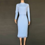 Blue Elegant Pleated Midi Sweater Dress