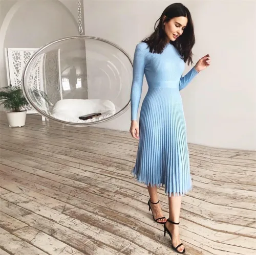 Blue Elegant Pleated Midi Sweater Dress