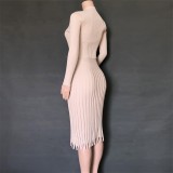 Nude Color Elegant Pleated Midi Sweater Dress