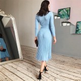 Blue Elegant Pleated Midi Sweater Dress