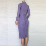 Purple Color Elegant Pleated Midi Sweater Dress