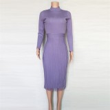 Purple Color Elegant Pleated Midi Sweater Dress