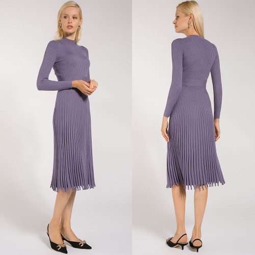 Purple Color Elegant Pleated Midi Sweater Dress