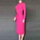 Hot Pink Elegant Pleated Midi Sweater Dress