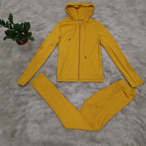 Yellow Solid Color Hooded Tracksuit with Front Pocket