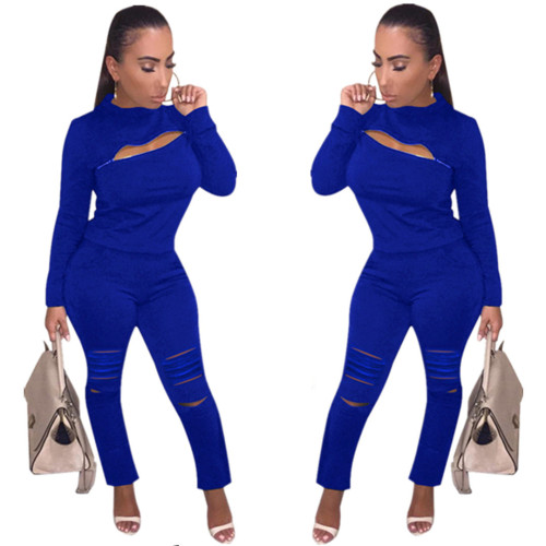 Blue Cut Out Zipper Top and Ripped Pants Set