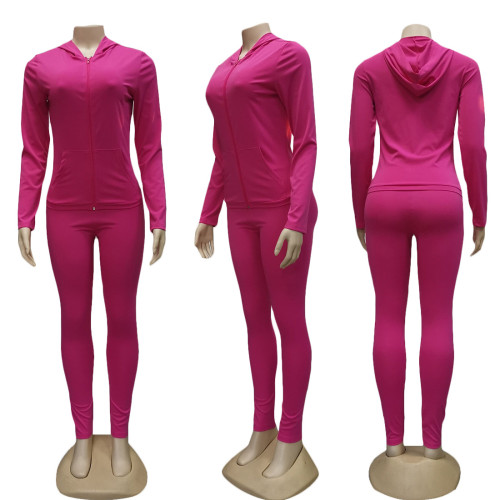 Hot Pink Plain Hooded Tracksuit with Front Pocket