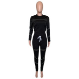 Black Mesh Splice Tight Long Sleeve Crop Top & Pants Set