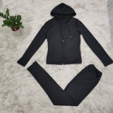 Black Solid Color Hooded Tracksuit with Front Pocket