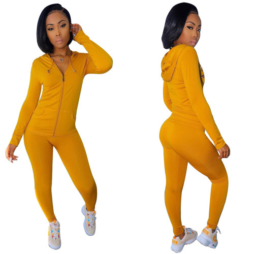 Yellow Solid Color Hooded Tracksuit with Front Pocket