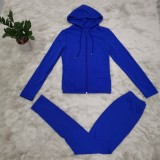 Blue Plain Color Hooded Tracksuit with Front Pocket