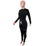 Black Mesh Splice Tight Long Sleeve Crop Top & Pants Set