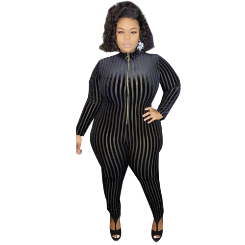 Black Mesh Flocked Stripe Bodycon Plus Size Jumpsuit