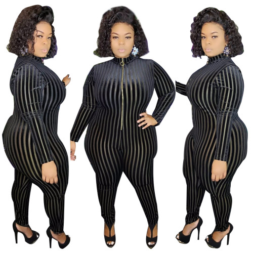 Black Mesh Flocked Stripe Bodycon Plus Size Jumpsuit