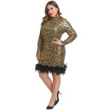 Plus Size Leopard Sequin Mock Neck Feather Hem Dress