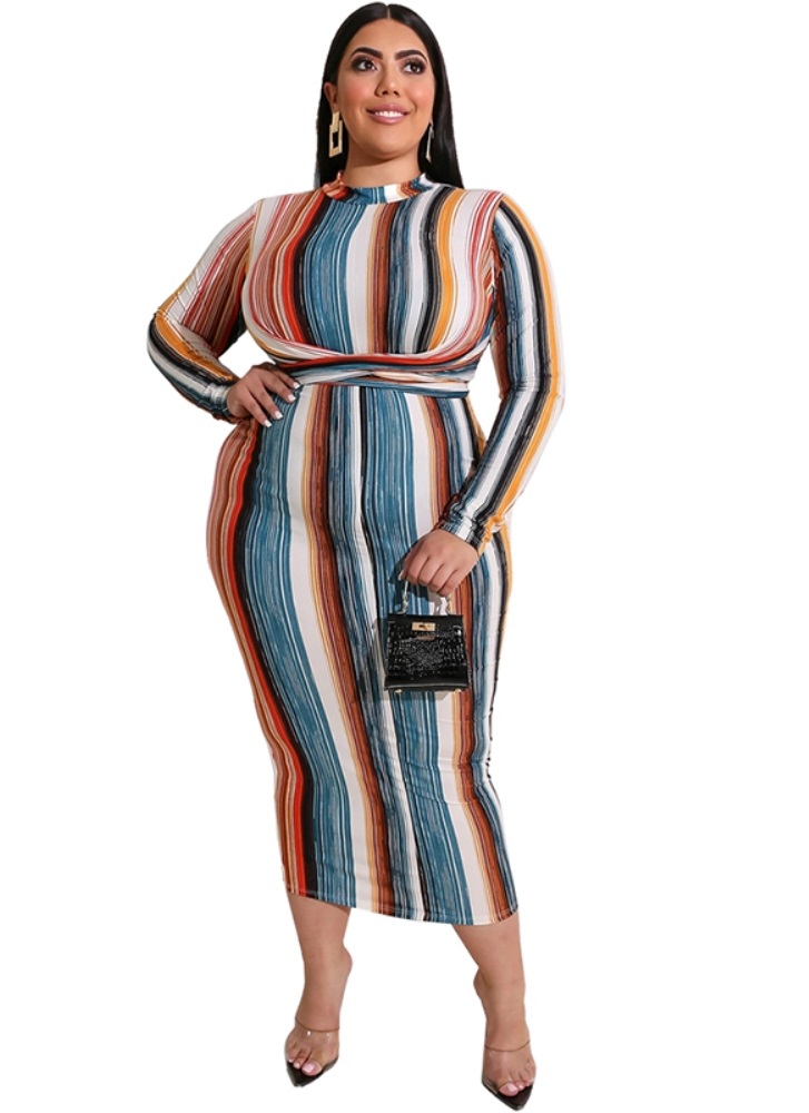 Plus Size Striped Long Sleeve Bodycon Midi Dress US$ 8.38 - www.lover ...