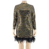 Plus Size Sequin Leaf Print Feather Hem Dress