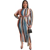 Plus Size Striped Long Sleeve Bodycon Midi Dress