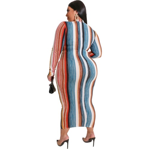 Plus Size Striped Long Sleeve Bodycon Midi Dress