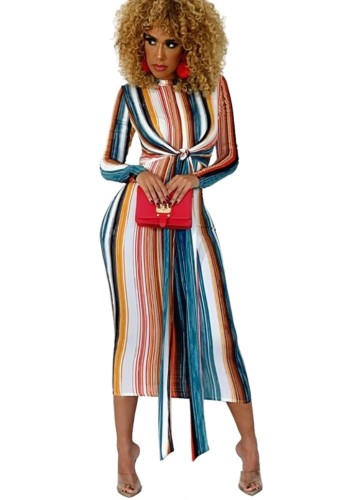 Striped Two Way Tie Long Sleeve Slinky Midi Dress