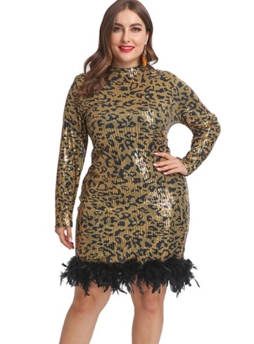 Plus Size Leopard Sequin Mock Neck Feather Hem Dress