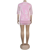 Sequin Letter Print Pink Half Sleeve Mini Dress