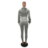 Gray Velvet Cropped Hoodie and Tight Pants