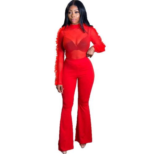 Red Frill Sleeve Mesh Top and Flare Pants Set