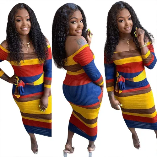 Off Shoulder Colorful Printed Tie Front Long Dress