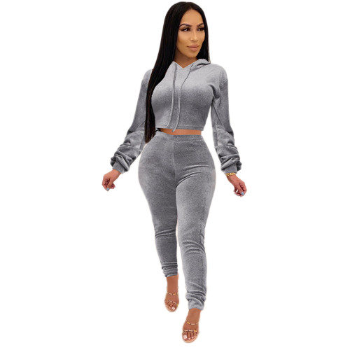 Gray Velvet Cropped Hoodie and Tight Pants